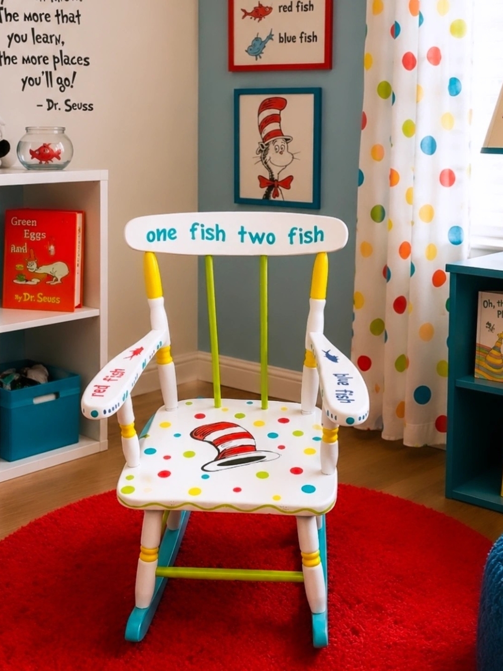 Dr. Seuss One Fish Two Fish Kids Rocking Chair - White with Multicolor Dots